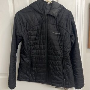 Eddie Bauer reversible, hooded jacket. Medium warmth and easy to pack.